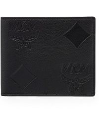 MCM Small Summer Smooth Visetos Monogram Logo Leather Bifold Wallet in  Black for Men