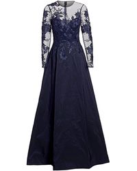 Teri Jon Lace Embroidered Illusion Gown in Navy (Blue) - Lyst