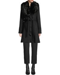 Karl Lagerfeld Faux Fur-trim Wool-blend Wrap Coat - Black