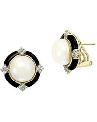Effy 14k Yellow Gold, 5mm Round Freshwater Pearl, Onyx & Diamond Stud Earrings - Metallic