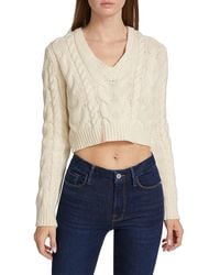 FRAME - Cropped Cable Knit V Neck Sweater - Lyst