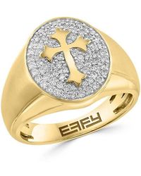 Effy - 14k Yellow Gold & 0.49 Tcw Diamond Cross Signet Ring - Lyst