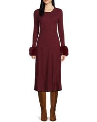 Saks Fifth Avenue - Rib-Knit Faux Fur Trim A-Line Midi-Dress - Lyst