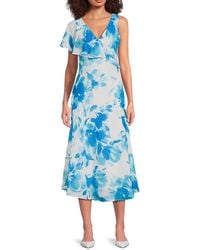 Halston - Floral Asymmetric Ruffle Midi-Dress - Lyst