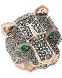 Effy 14k Rose Gold, Black Diamond & Emerald Panther Ring/size 10