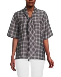 Theory - Tie Neck Plaid Silk Blend Top - Lyst