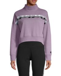 Calvin Klein Logo Tape Mockneck Cropped Sweatshirt - Purple