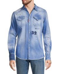 Cruiize Mens Distressed Slim Fit Faded Western Denim Button Down Shirt French Gray S 