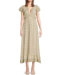 Max Studio - Floral Flutter-Sleeve V-Neck Maxi Dress - Lyst