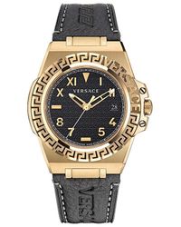 Versace - Greca Reaction 44mm Ip Yellow Gold Stainless Steel Case & Leather Strap Watch - Lyst