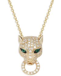 Effy 14k Yellow Gold, Diamond & Emerald Panther Pendant Necklace - Green