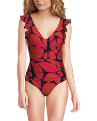 DKNY - One-piece Ruched Ruffle Trim Swimsuit - Lyst
