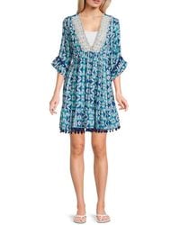 La Moda Clothing - Geometric Printed Lace Trim Cover-Up Minidress - Lyst