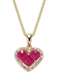 Effy 14k Yellow Gold, 0.13 Tcw Diamond & Ruby Heart Pendant Necklace - Red