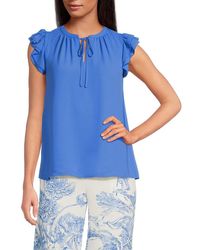 Tahari - Ruffle-Sleeve Tie-Neck Crepe Blouse - Lyst