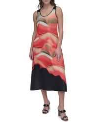 【DKNY】アブストラクトプリント Aライン ミディドレス DKNY Women's Abstract-printed Cowlneck Sleeveless Midi Dress