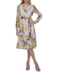 DKNY - Long Puff-Sleeve Watercolor Midi-Dress - Lyst