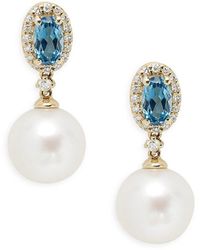 Effy - 14k Yellow Gold, 8mm Freshwater Pearl, London Blue Topaz & Diamond Drop Earrings - Lyst