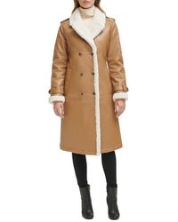 Kenneth Cole - Faux Shearling Trim Double Breasted Coat - Lyst