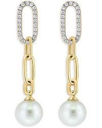 Effy - 14K, 7-7.5Mm Freshwater Pearl & Diamond Drop Earrings - Lyst