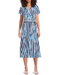 Halston - Striped Faux-Wrap Midi-Dress - Lyst
