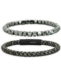 Anthony Jacobs 2-piece Leather, Black Ip Stainless Steel & Hematite Bracelets - White
