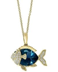 Effy - 14k Yellow Gold, London Blue Topaz, White & Black Diamond Fish Pendant Necklace - Lyst