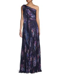 Marchesa Pleated One-shoulder Floral-print Gown - Blue