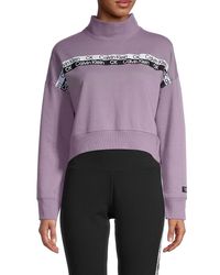 Calvin Klein Logo Tape Mockneck Cropped Sweatshirt - Purple
