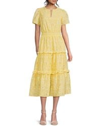 Tahari - Embroidered Cotton Tiered Midi-Dress - Lyst