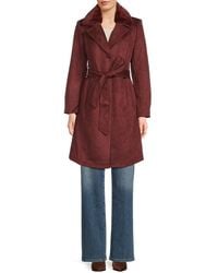 Ellen Tracy - Faux-Suede Belted Coat With Faux-Fur Collar - Lyst