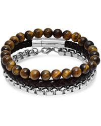 Anthony Jacobs - 3-piece Stainless Steel, Leather & Tiger's Eye Beaded Bracelet Set - Lyst