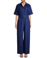 STAUD Zavey Belted Linen-blend Jumpsuit - Blue