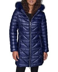 Karl Lagerfeld - Long Chevron Quilted Coat With Faux Fur Hood - Lyst