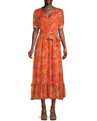 Calvin Klein Floral-print Belted Midi Dress - Orange