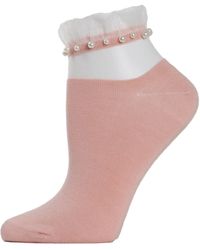 Memoi Sheer Ruffle-cuff Faux Pearl Anklet Socks - Black