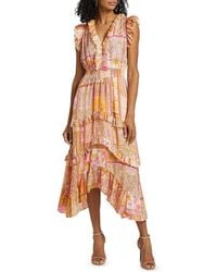 Tahari - The Layla Printed Ruffle-Trim Midi-Dress - Lyst