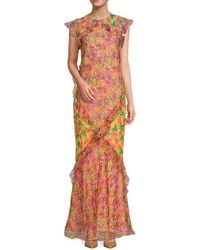 Saloni - Ruffle Print Silk Maxi Dress - Lyst