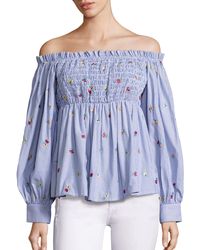 SUNO Smocked Cotton Off-the-shoulder Top - Blue