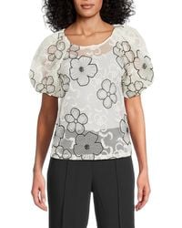 Laundry by Shelli Segal - Embroidered Mesh Puff-Sleeve Top - Lyst