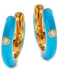 Nephora 14k Yellow Gold, Turquoise Enamel & Diamond Huggie Earrings - Blue