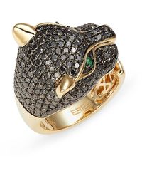Effy - 14k Yellow Gold, Black Diamond & Emerald Panther Open Ring - Lyst