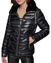 Karl Lagerfeld - Logo Tape Puffer Jacket With Faux Fur Collar - Lyst