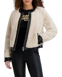 Karl Lagerfeld - Collarless Faux Mink Jacket With Faux Leather Trim - Lyst
