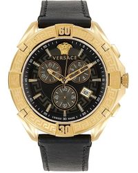 Versace - V-greca 46mm Goldtone Stainless Steel & Leather Strap Chronograph Watch - Lyst
