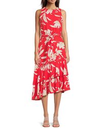 Halston - Printed Asymmetrical Ruffle Midi-Dress - Lyst