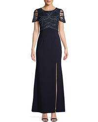 Adrianna Papell Embellished Mesh-sleeve Gown - Blue