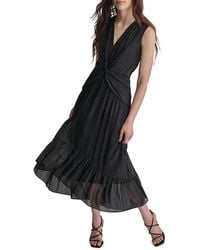 【DKNY】アブストラクトプリント Aライン ミディドレス DKNY Women's Sleeveless Side Drape Midi Dress, Black, 4 at