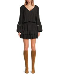 Ramy Brook - Tiered Long-Sleeve V-Neck Minidress - Lyst
