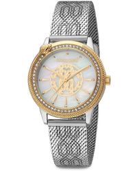 Roberto Cavalli - 32mm Two Tone Stainless Steel & Mother Of Pearl & Crystal Studded Bracelet Watch - Lyst